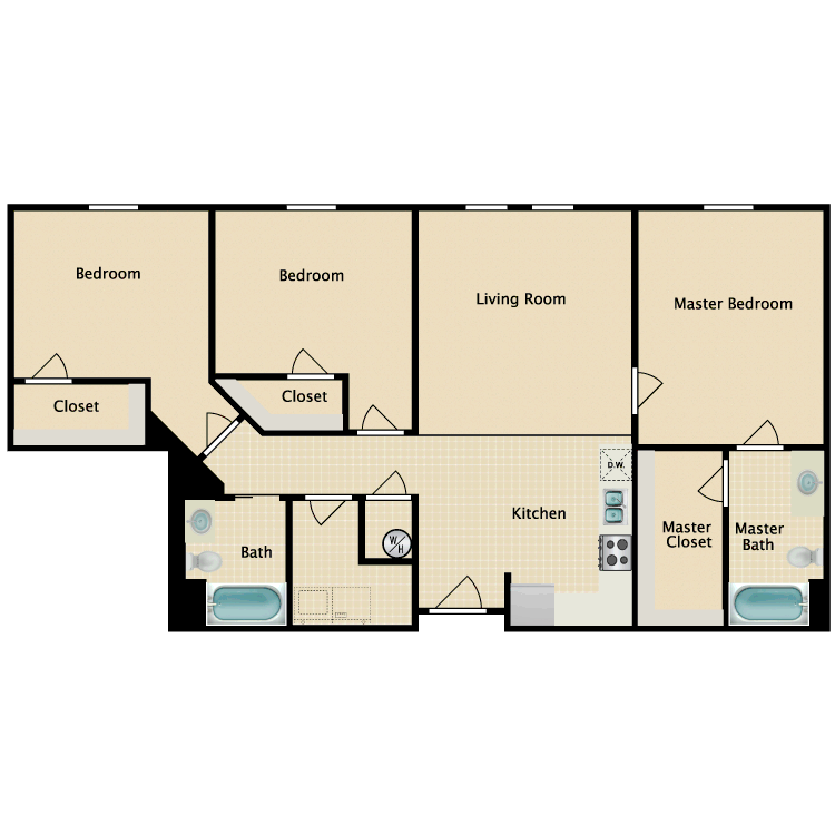 Floor plan for 3 beds, 2 baths, 1146 sqft